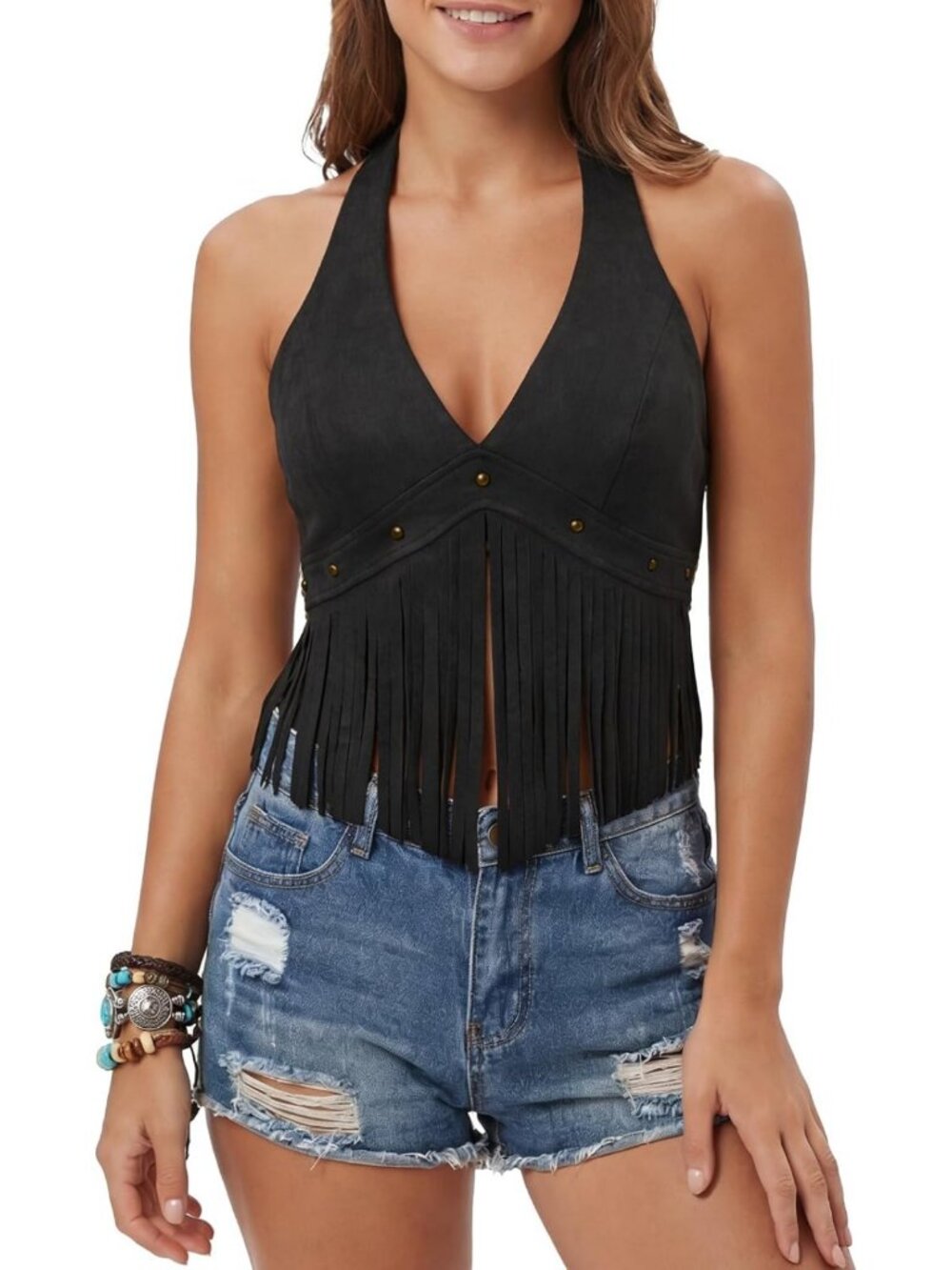 Chic Western Fringe Halter Top - Faux Suede Lace-Up Back Crop Vest for Y2K